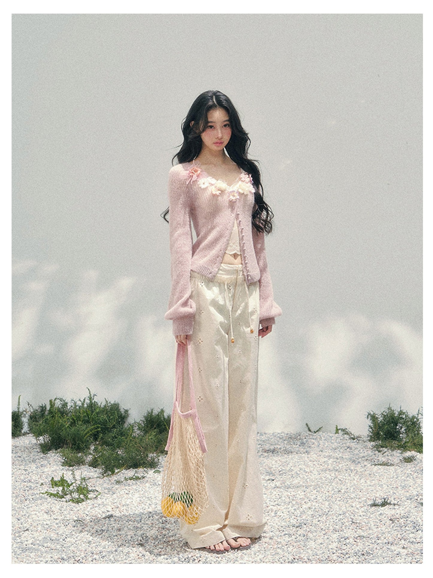 少也眼 “Spring Meadow Breeze” Floral-Embellished Mohair Knit Cardigan Set 5786998
