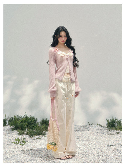 少也眼 “Spring Meadow Breeze” Floral-Embellished Mohair Knit Cardigan Set 5786998
