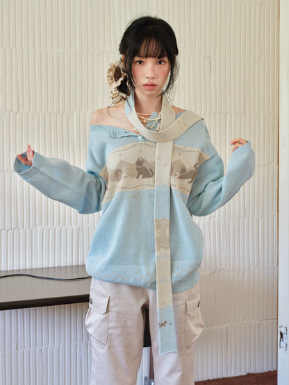 DAILY ARTIST - Light Blue Cat & Yarn Ball Henley Knit Pullover (With Matching Scarf)