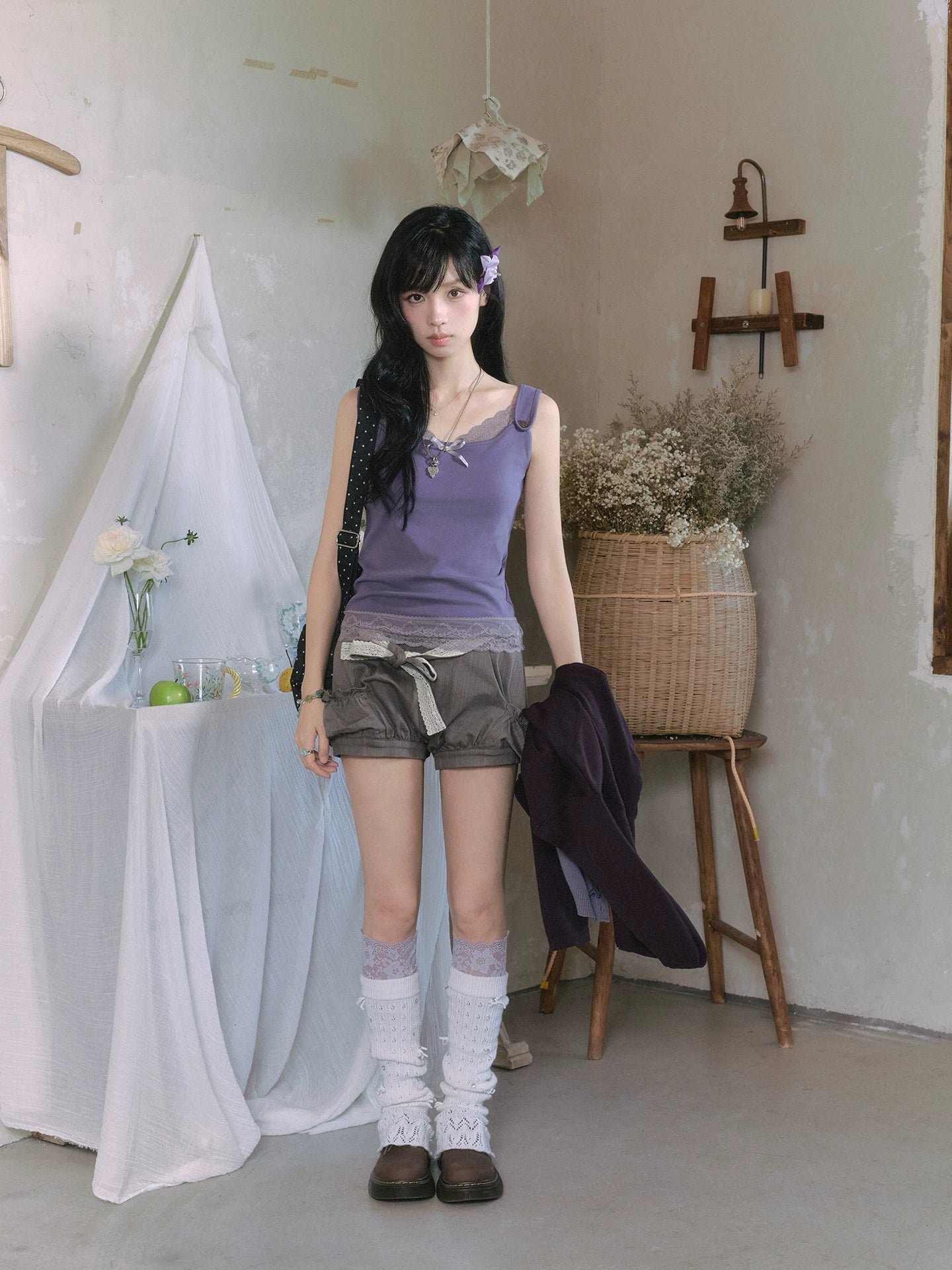 "Sage Whisper" Two-Tone Lace Cami Top (Sage Stripe / Lavender)