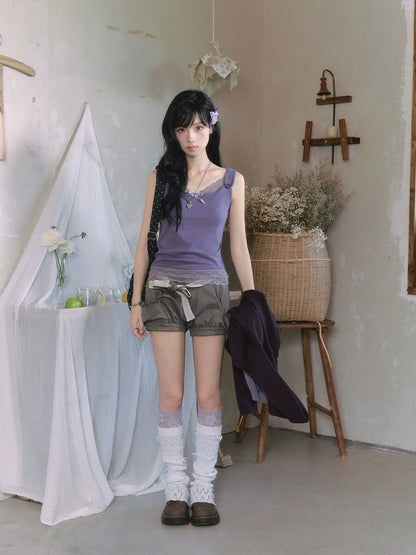 "Sage Whisper" Two-Tone Lace Cami Top (Sage Stripe / Lavender)