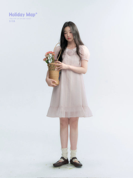 "Misty Wild Rose" Detachable Rose Lace Trim Puff Sleeve Midi Dress