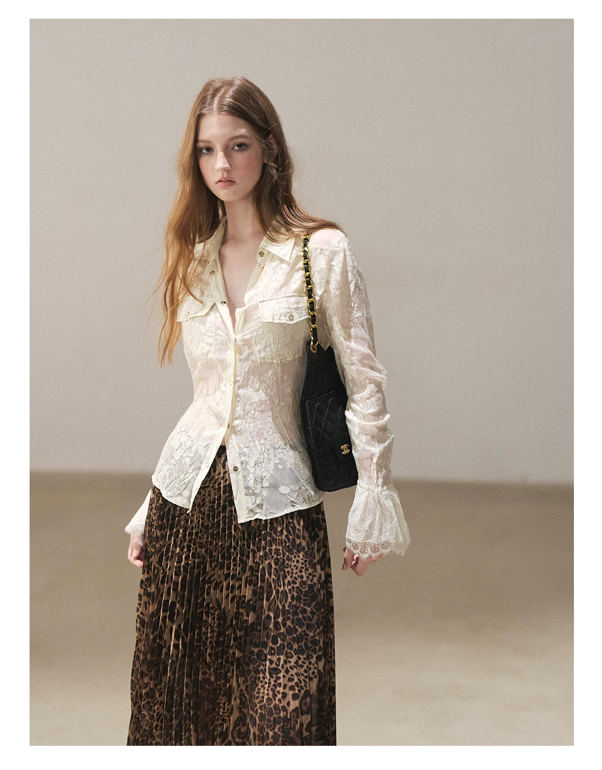 AOMALM - “Cocoa Leopard” Pleated Asymmetric Midi Skirt