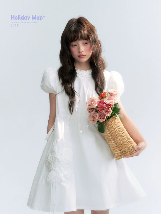 "Puff Doll Dress" Ruffle Trim Puff Sleeve Cotton A-Line Dress (White/ Black)