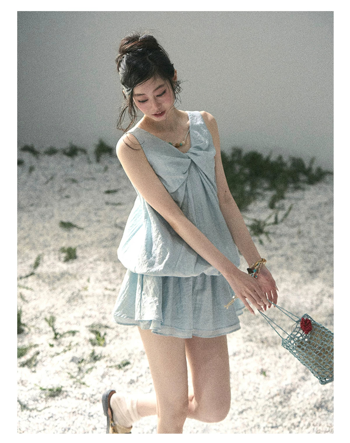 “Whispering Grass” Moonlight Blue Twist Mini Dress