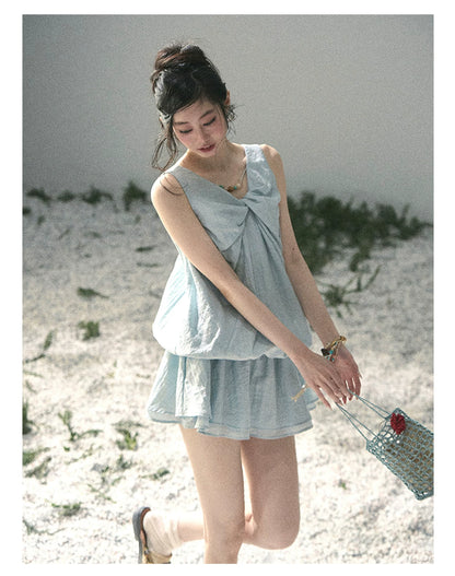 “Whispering Grass” Moonlight Blue Twist Mini Dress