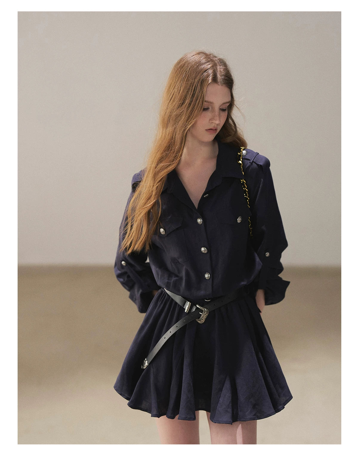 AOMALM - "Moonlight Sinks into the Sea" High-Intellect Utility Shirt Dress (Plain White / Navy Blue, with Belt & Optional Shawl)