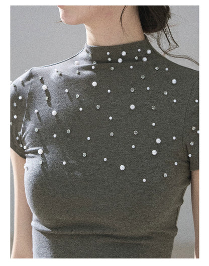 "Scattered Across the Milky Way" Pearl Beaded Knit T-Shirt (Haze Blue/ Sage Gray)