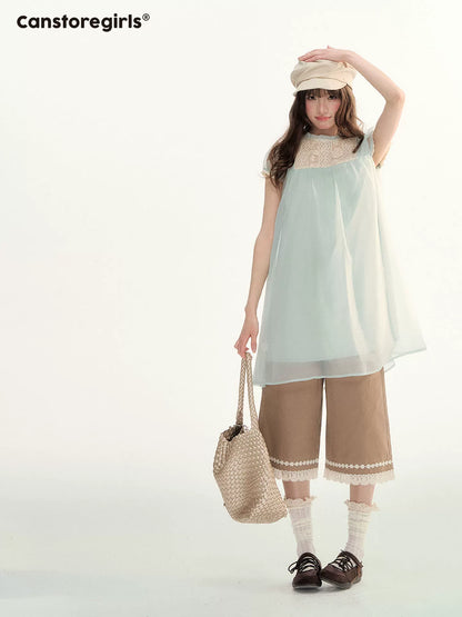 Caramel Lace Trim Cropped Straight-Leg Pants WW2026085