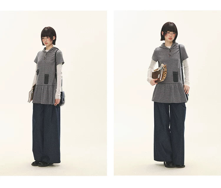 "Seoul Diary" Gray & Pink Stripe Hooded Knit Mini Dress