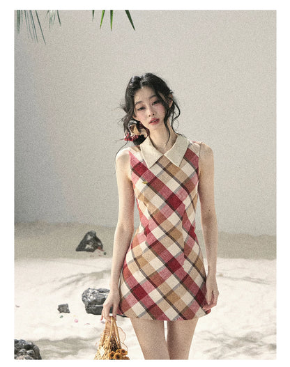 "Sunset by the Shore" Vintage Red Plaid Polo Mini Dress 358648564