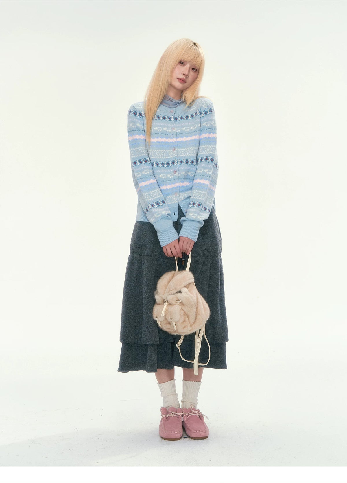[CAN] Blue Fair Isle Cropped Wool Cardigan (100% Sheep Wool)