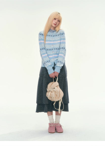 [CAN] Blue Fair Isle Cropped Wool Cardigan (100% Sheep Wool)