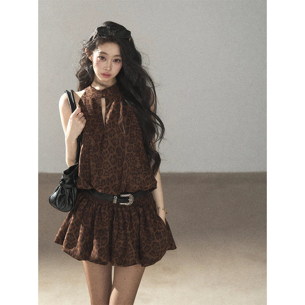 AOMALM - Merlot Leopard Print Bubble Sleeve Dress with Vintage Belt