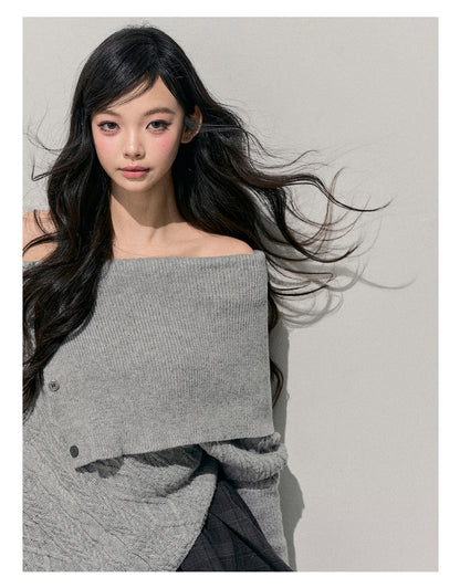 少也眼 “Letter from the Snow Country” Off-Shoulder Asymmetric Cable-Knit Sweater 1464854