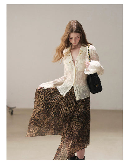 AOMALM - “Cocoa Leopard” Pleated Asymmetric Midi Skirt