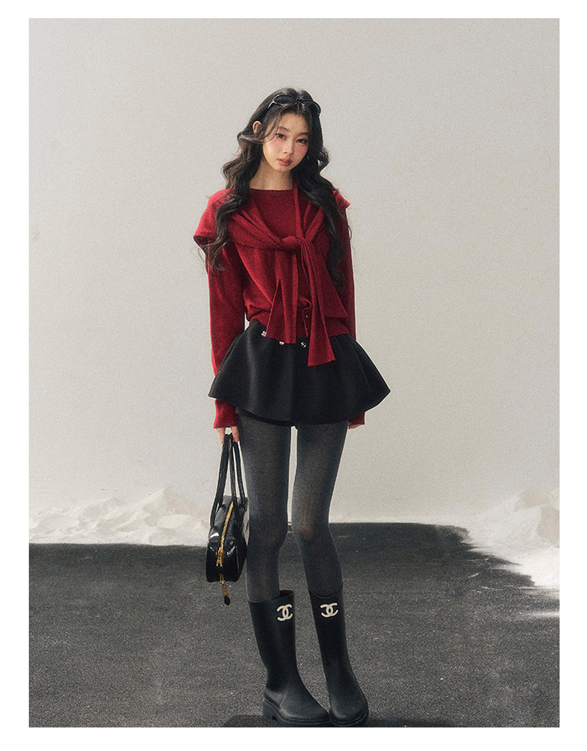 040126 "Orlane Academy" American Preppy Knit Top & Shawl Set - Angora Red