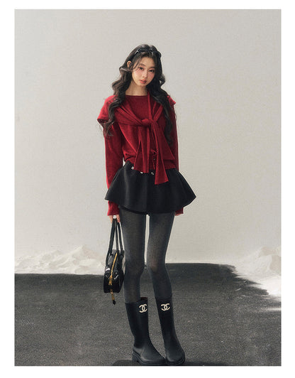 040126 "Orlane Academy" American Preppy Knit Top & Shawl Set - Angora Red