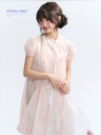 "Little Princess" Strawberry Pink Lace Bow Bubble Hem Midi Dress