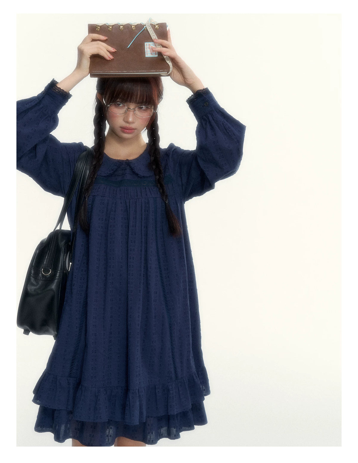 “Vintage Ribbon” Navy Peter Pan Collar Lace-Trimmed A-Line Dress