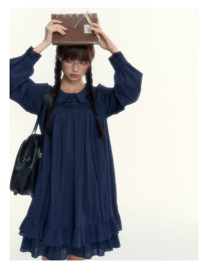 “Vintage Ribbon” Navy Peter Pan Collar Lace-Trimmed A-Line Dress