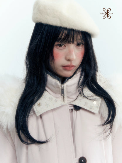 Horridale - Snow-Dusted Floral 90% White Duck Down Puffer Jacket (Light Peach Pink / Silver Gray)