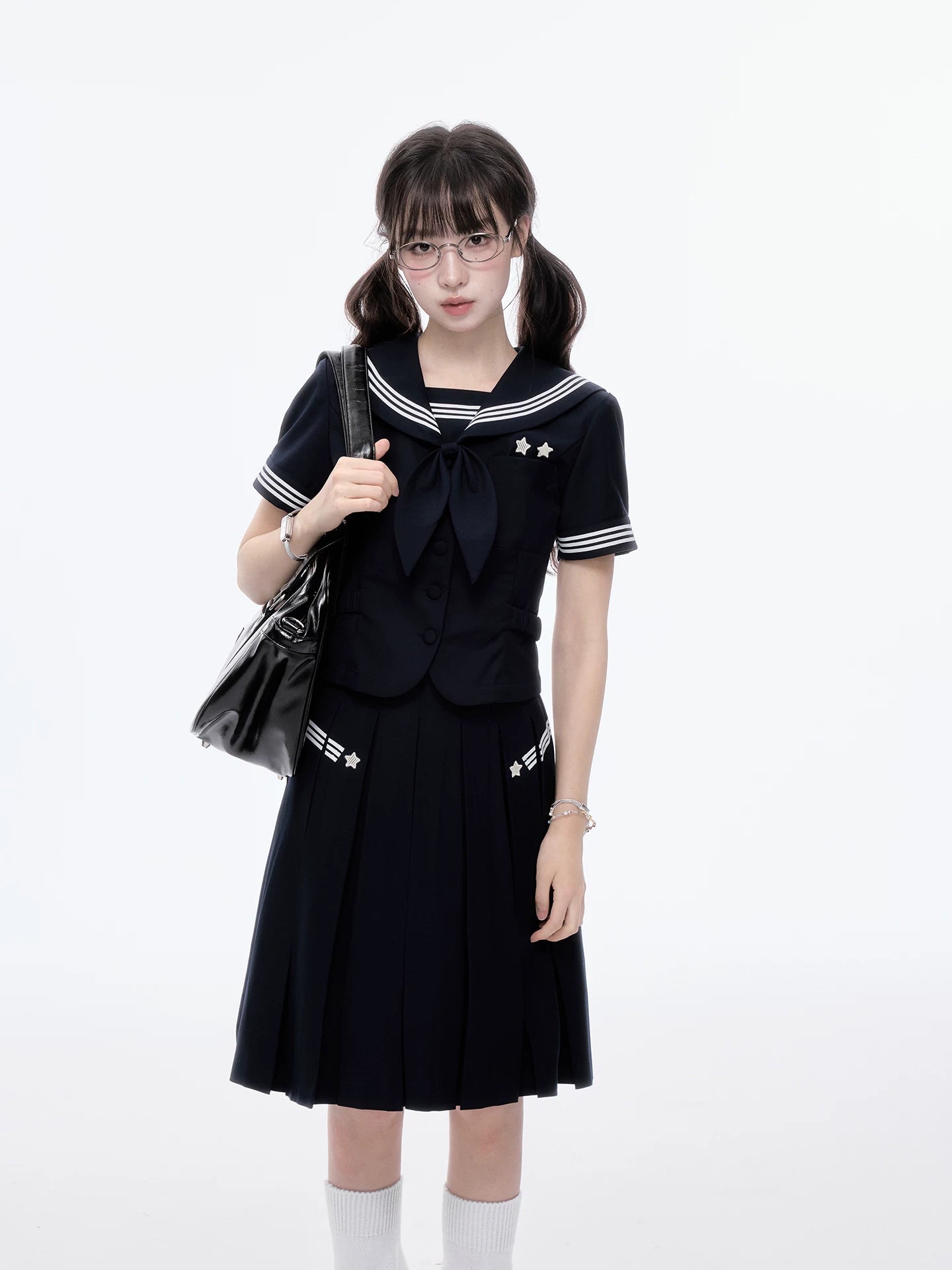 "Evening Star" Navy Sailor Uniform Collection (Sailor Blouse with Scarf / Pleated Midi Skirt)