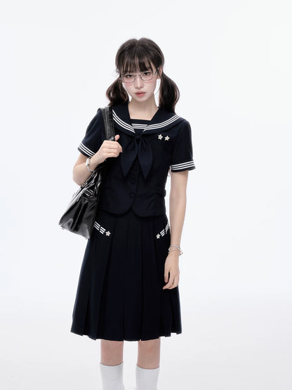 "Evening Star" Navy Sailor Uniform Collection (Sailor Blouse with Scarf / Pleated Midi Skirt)