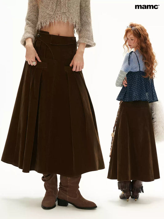 MAMC - Vintage Brown High-Waisted A-Line Midi Skirt