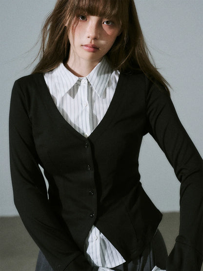 LOST FOREST - Black & White Stripe Layered Knit Top