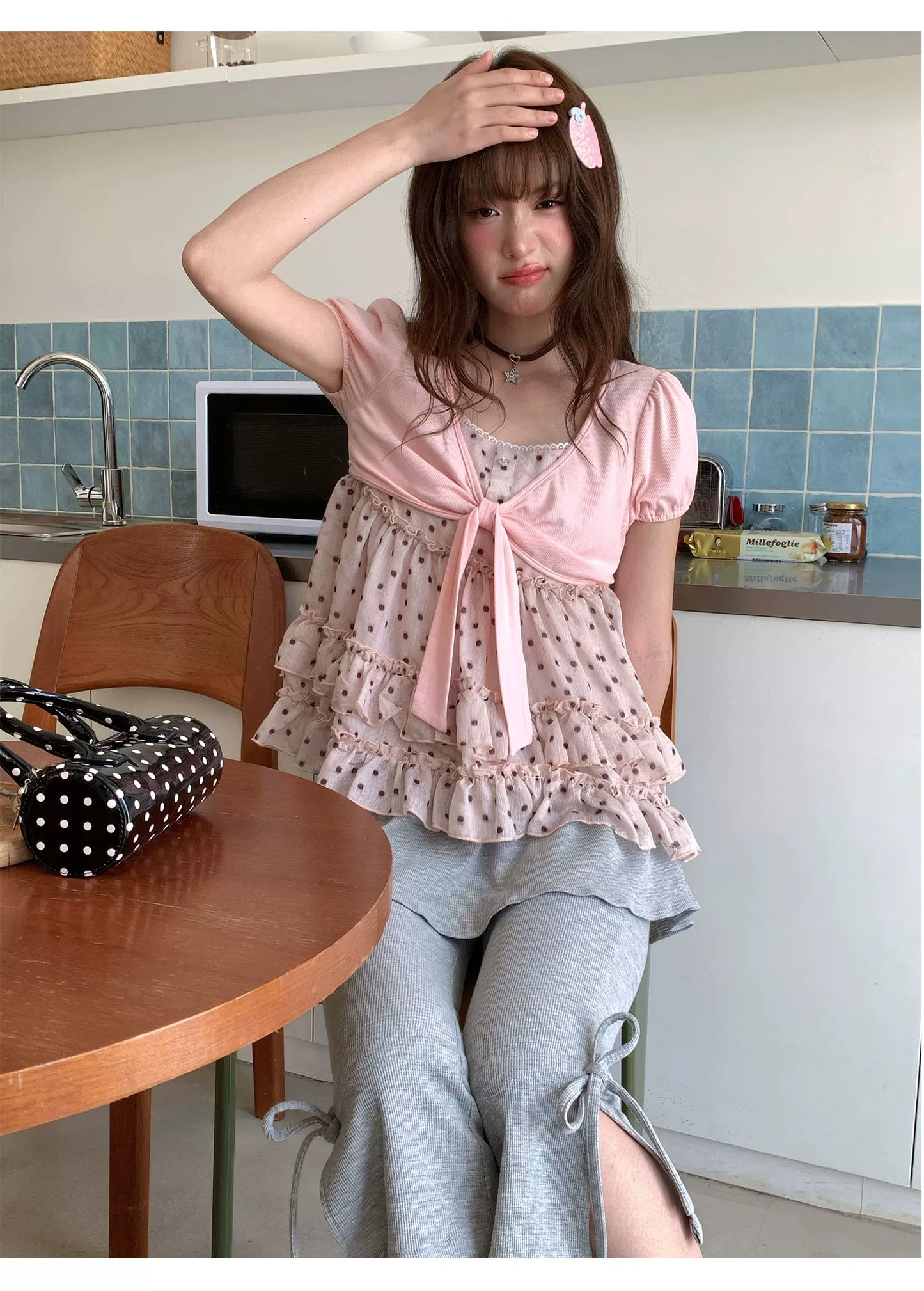 [RF] “Peach Mocha Layers” Misty Pink Polka Dot Layered Top