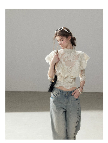 "Translucent Bloom" Dutch Cheese Lace Cropped Top