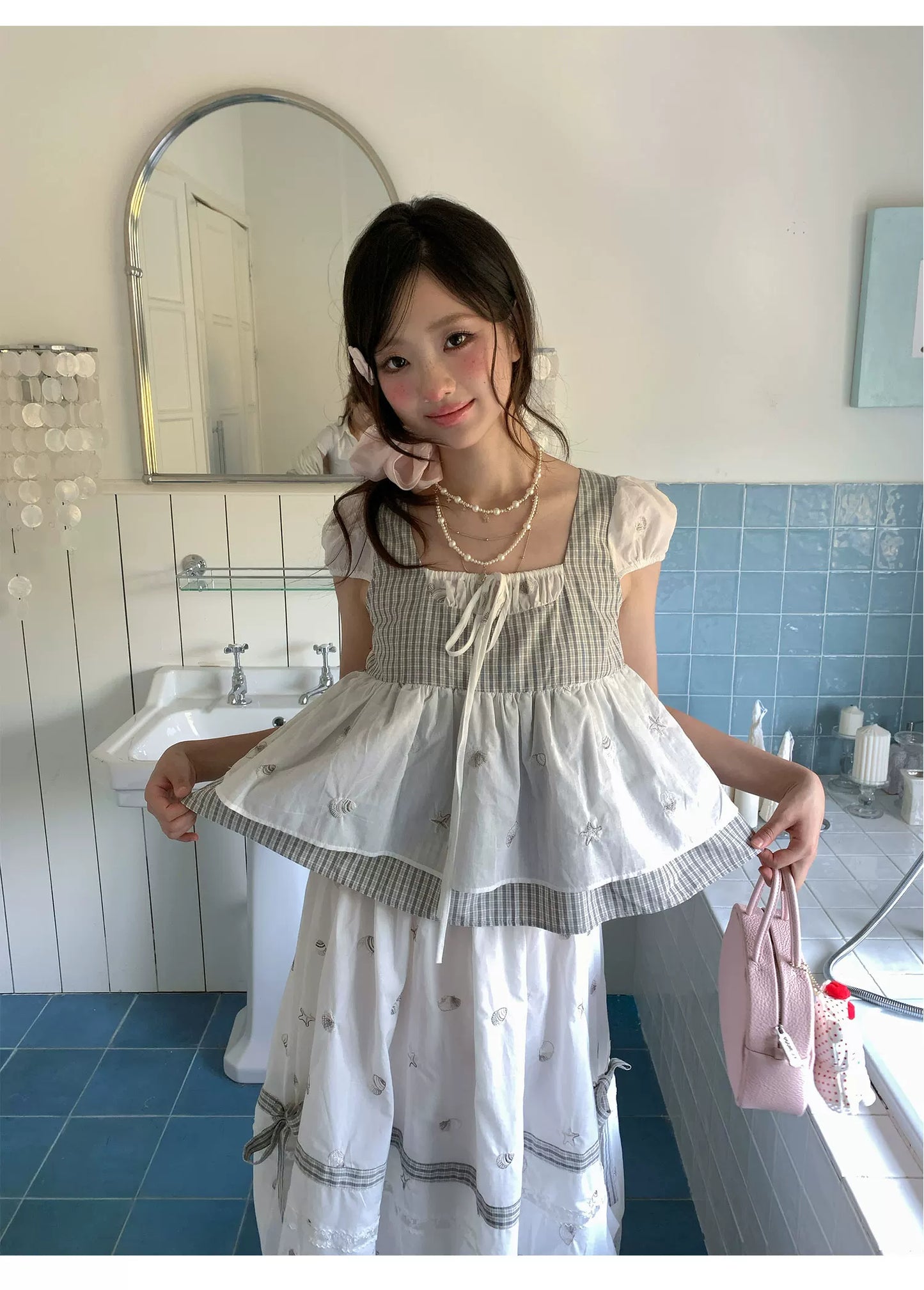 “Misty Isle White Tea” Grey White Polka Dot Skirt Set