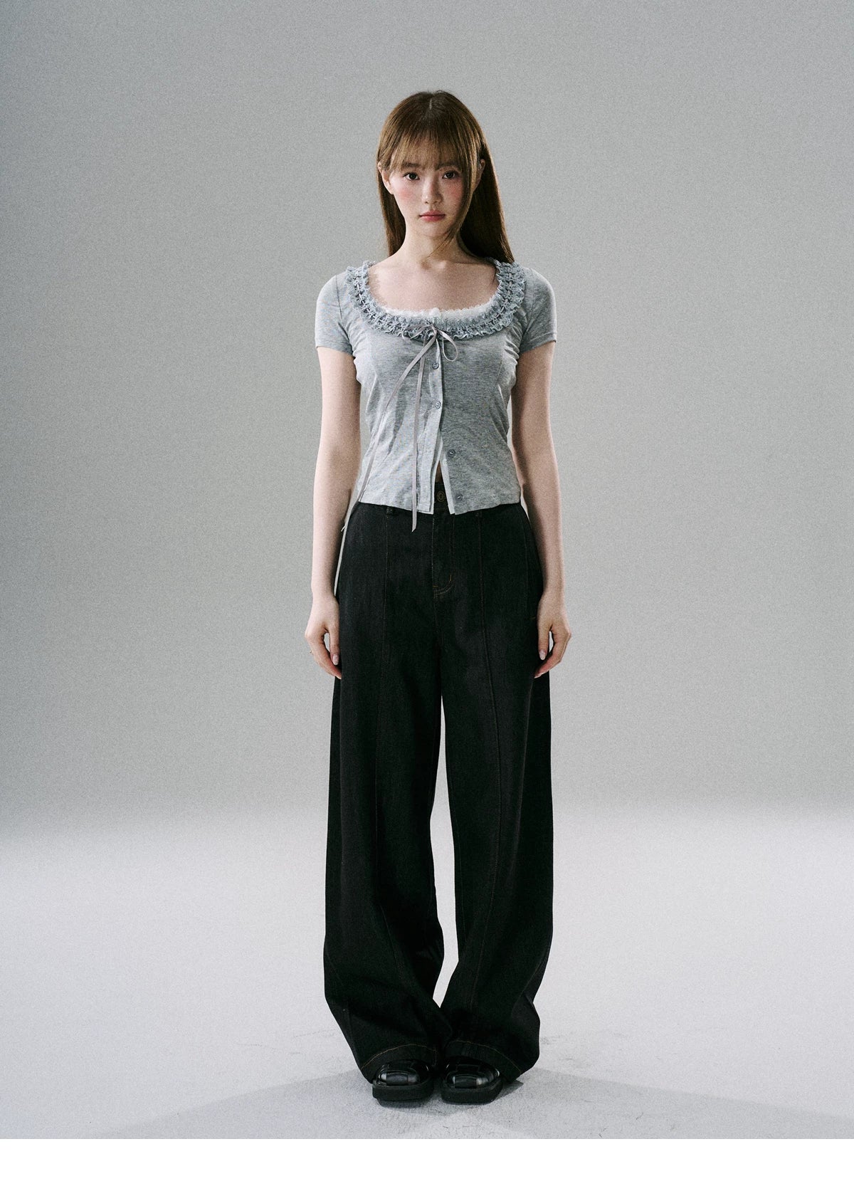 LOST FOREST - Faux-Layered Lace Short-Sleeve Top (Gray White / Black White)