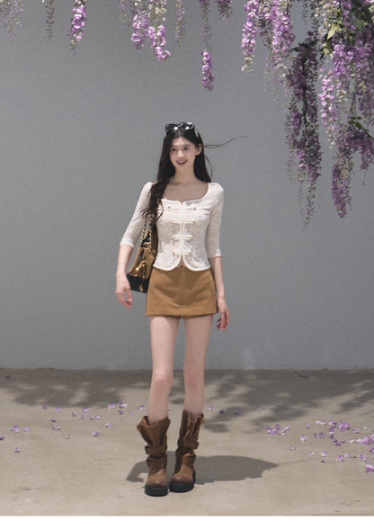 OAKMOO/ Distressed Slouchy Mid-Calf Combat Boots with Layered Straps