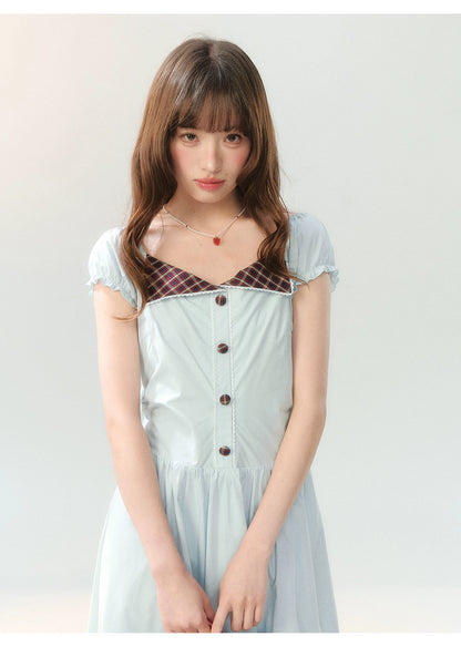 "Sakura Breeze Journal" Sea Blue Plaid Collar Dress LL2026226