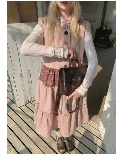 RF - Dusty Pink Patchwork Sleeveless A-Line Dress with Star Buttons