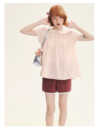 "Sweet Silhouette" Plaid Lace Trim Puff Sleeve Peter Pan Collar Blouse (Red Blue / Red White)