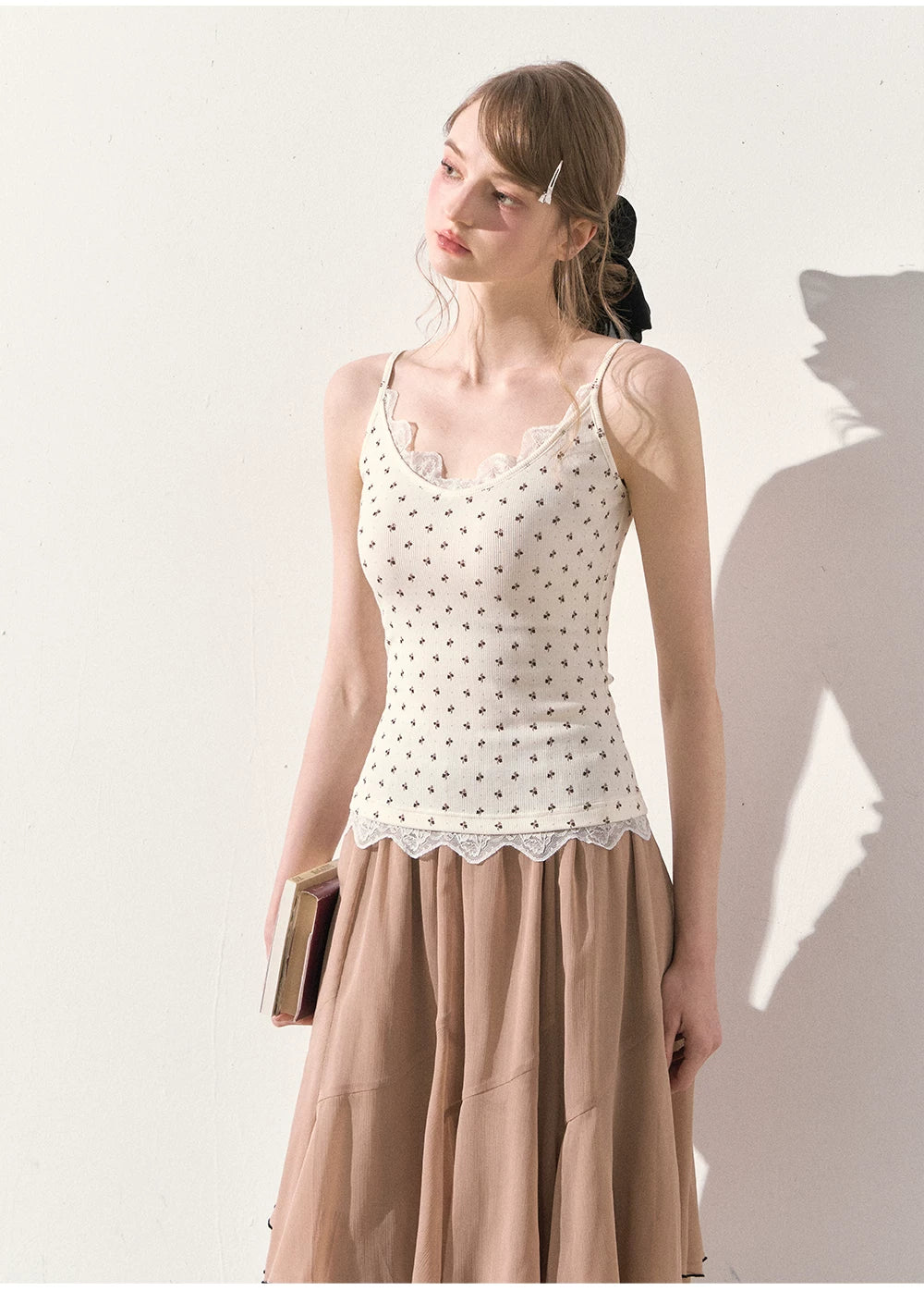 "Summer Café Encounter" Chocolate Knit Cardigan, Floral Lace Cami & Mocha Chiffon Skirt Set