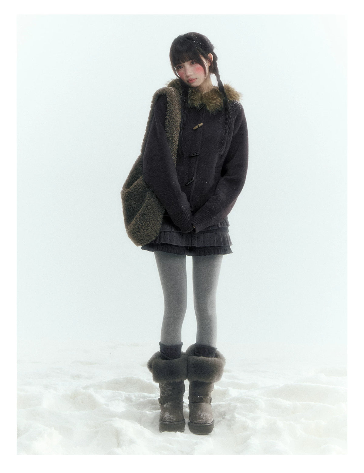 Horridale - Dark Coffee Brown Hooded Knit Cardigan with Detachable Faux Fur Collar