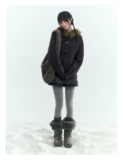 Horridale - Dark Coffee Brown Hooded Knit Cardigan with Detachable Faux Fur Collar