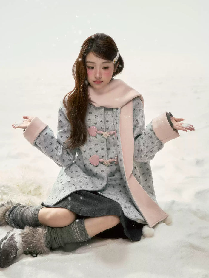 BIBIBENCY - Gray Floral Scarf-Trim Wool-Look Coat