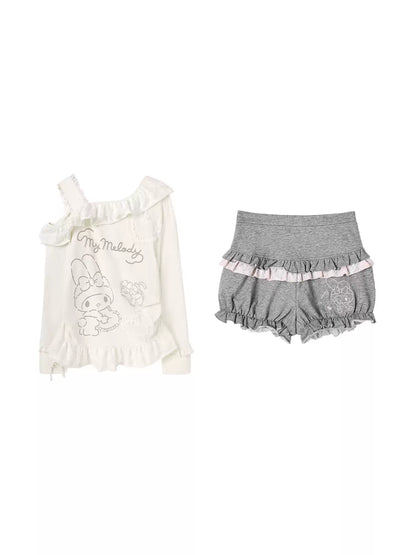 “Sweet Bloom” Ivory My Melody Asymmetric Oversized Top