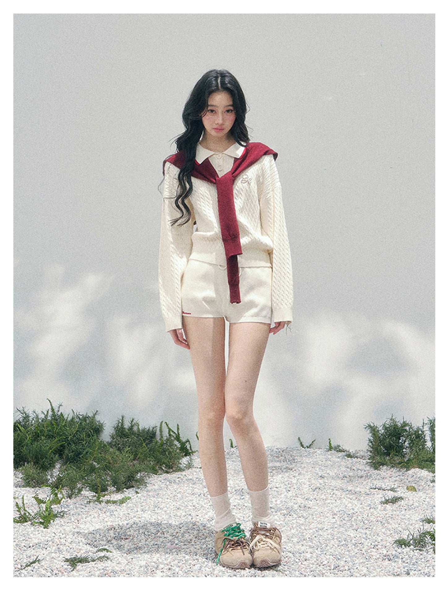 少也眼 “Campus Muse” Apricot Preppy Three-Piece Knit Set 6785654