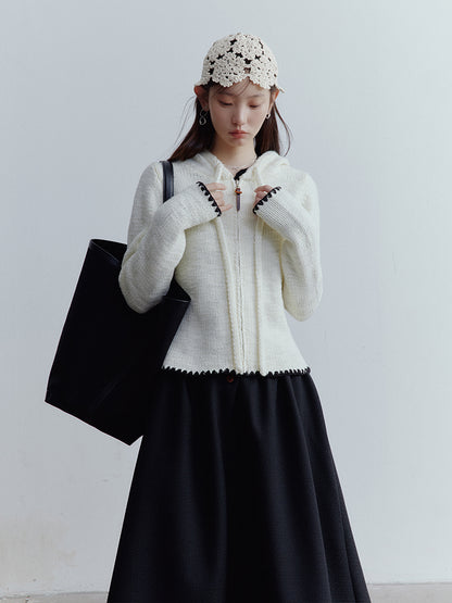 FUSSED Almond Cream Cropped Hooded Knit Jacket with Contrast Shell Embroidery FOF-25SS174
