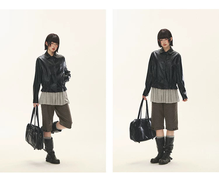 "Venus Gallery" Black Ruffle Collar Cropped Faux Leather Jacket