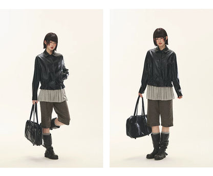 "Venus Gallery" Black Ruffle Collar Cropped Faux Leather Jacket