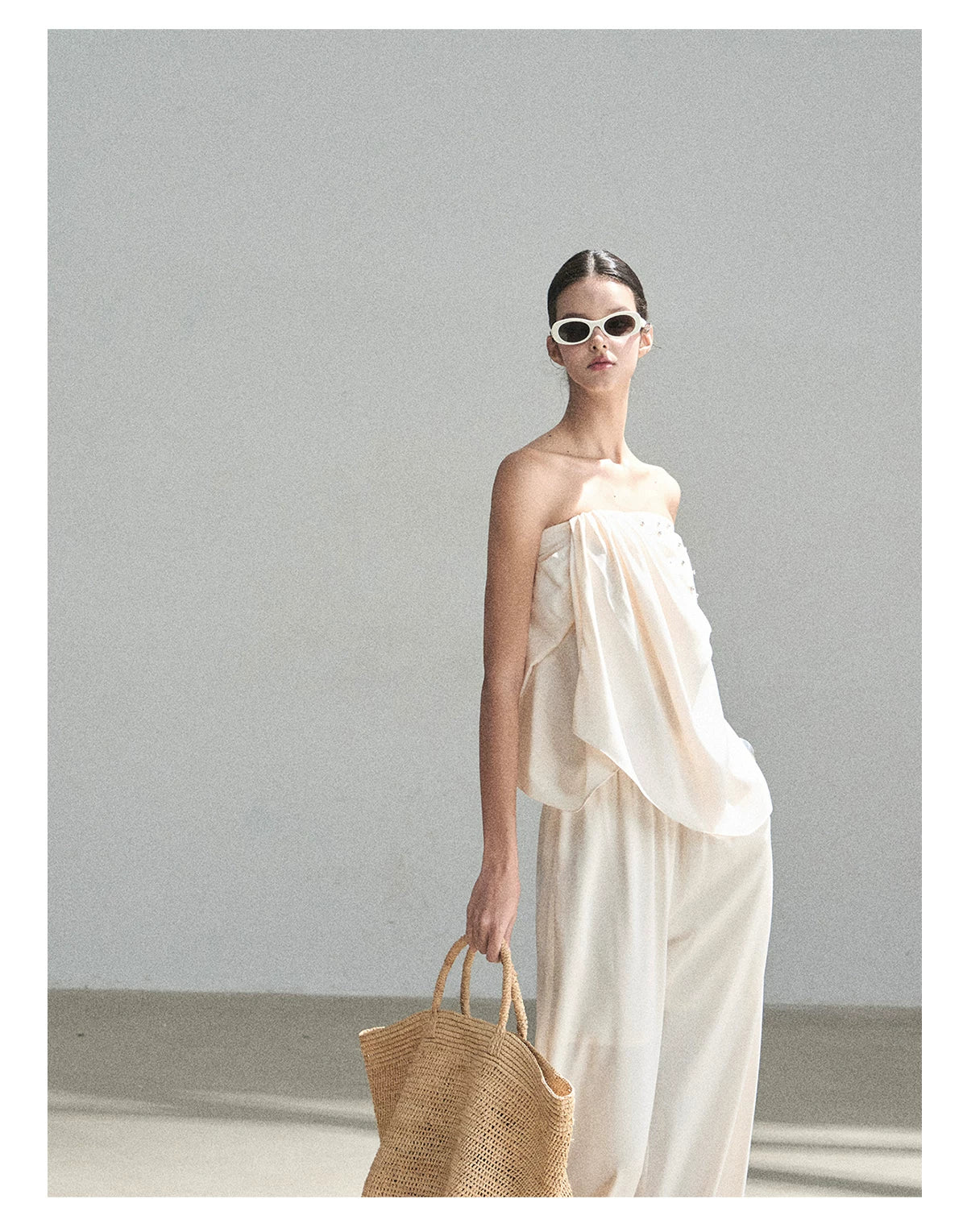 "Summer Rain at Dusk" Cream Beige Satin Two-Piece Set