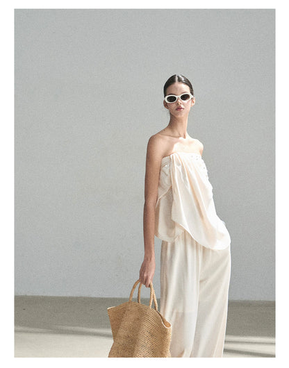 "Summer Rain at Dusk" Cream Beige Satin Two-Piece Set