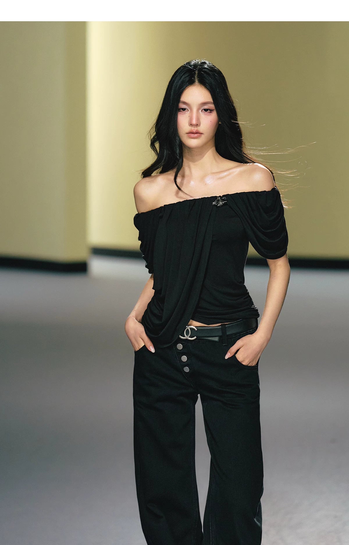 "Midnight Bloom" Black Lyocell Off-Shoulder Ruched Top